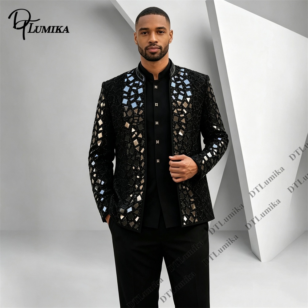 Men Formal Wear With Blazer - بدلة رجالية سوداء بياقة ماندارين مزينة